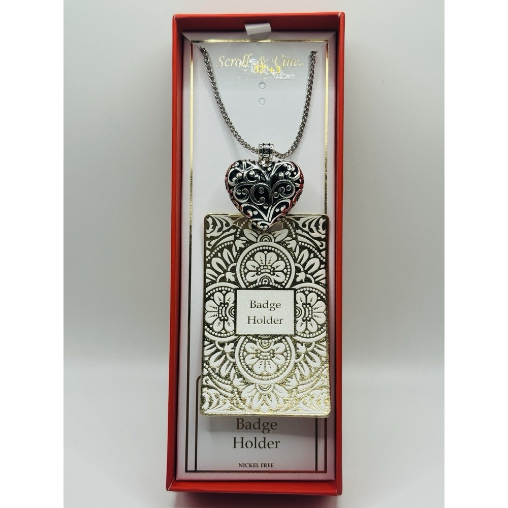 Scroll & Vine Heart Badge Holder Necklace Lanyard Pendant Open Box Nickel Free